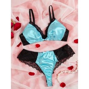 1X & 2X Black & Blue Colorblock Contrast Lace Satin Lingerie Set
